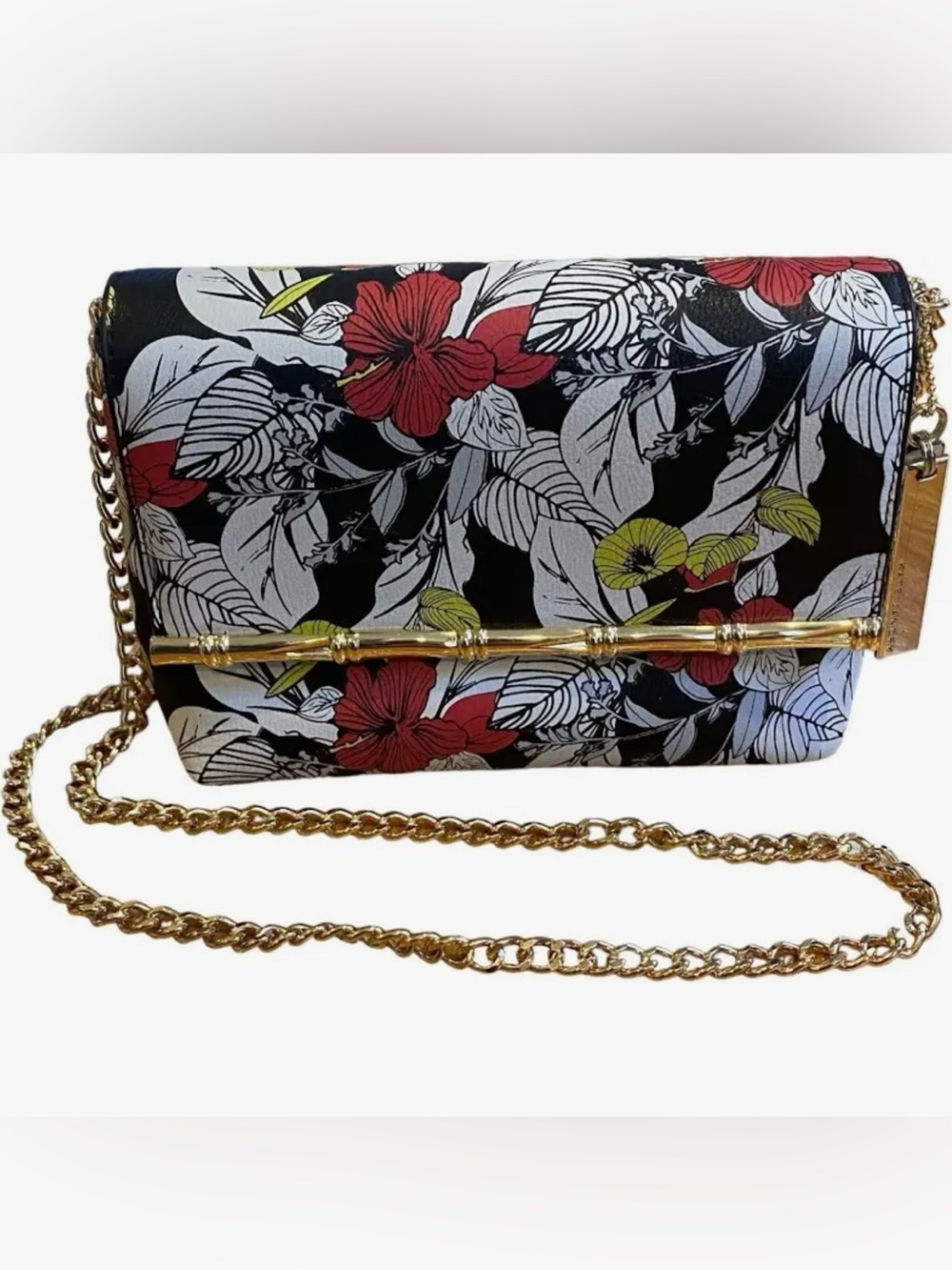 Kate Landry Floral Bamboo Gold Chain Crossbody Bag black,red, yellow, white